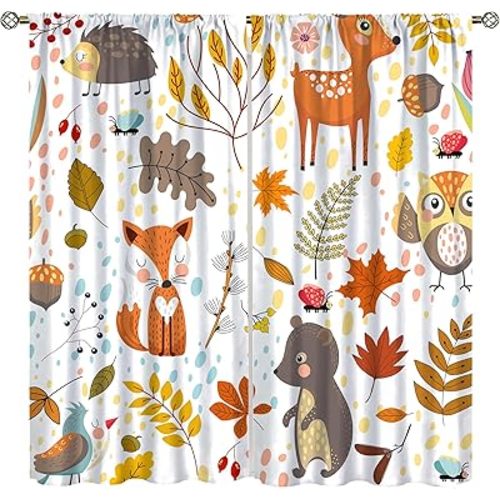 YCness Kids Boys Girls Curtains, Jungle Animal Autumn Forest Cartoon Deer Rabbit Fox Owl Print Pattern Window Drapes for Nursery Baby Bedroom Playroom Living Room 2 Panel Sets,42x45 Inch