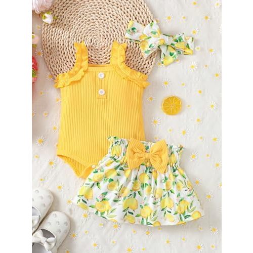 Amazon.com: Baby Girl Ruffle Strap Bodysuit with Lemon Print Skirt and Headband Outfit Set (Yellow,6-9 Months): Clothing, Shoes & Jewelry