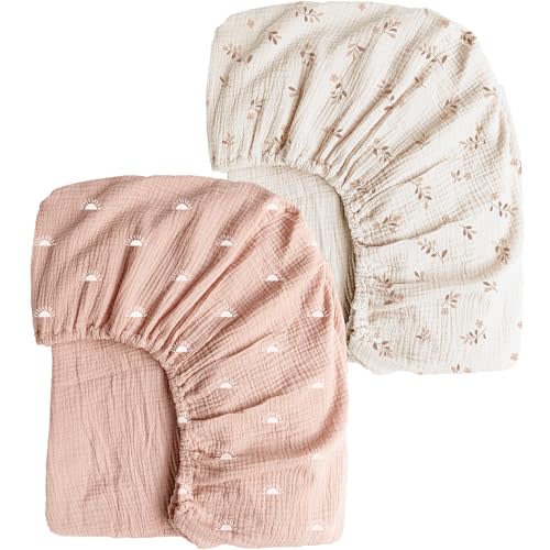Konssy Muslin Crib Sheets for Girl Boy, 2 PCS Soft and Breathable Cotton Baby Sheets for Standard Crib Mattress, 52"x 28" (Pink Sun,Khaki Leaf)