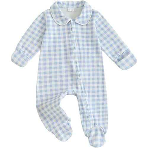 Newborn Gingham Footed Romper Peter Pan Collar Infant Long Sleeve Zipper Jumpsuit
