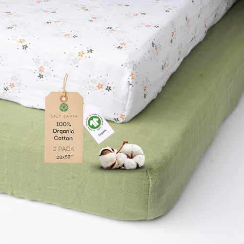100% Organic Cotton Muslin Standard Fitted Crib Sheet for Boys, Girls & Toddlers – 52"x28", 2 Pack Soft Breathable Natural Cotton Mattress Bed Sheets, Neutral Crib Sheet (Green & Star)