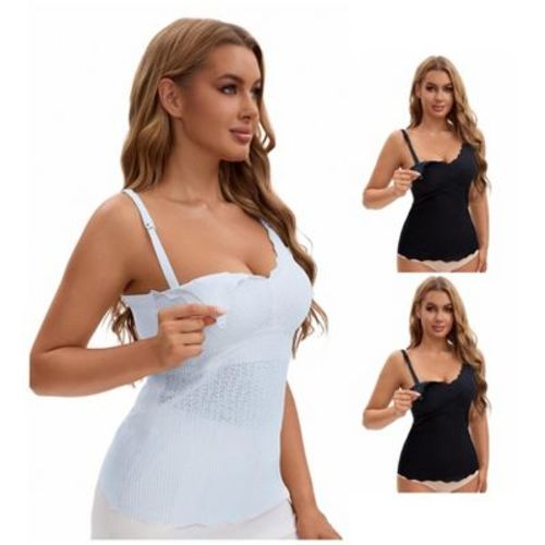 INSPIRE CHIC Women's 3 Pcs Lace Nursing Tanks with Adjustable Straps Breastfeeding V Neck Built-In Bra Cami 2 Black & 1 Blue Large