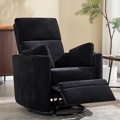 Swivel Rocker Recliner Chair, Manual Swivel Rocking Glider Chair for Nursery Adult Rocking Chair with 2 Pillows for Living Room Bedroom (Black, Manual Operation)