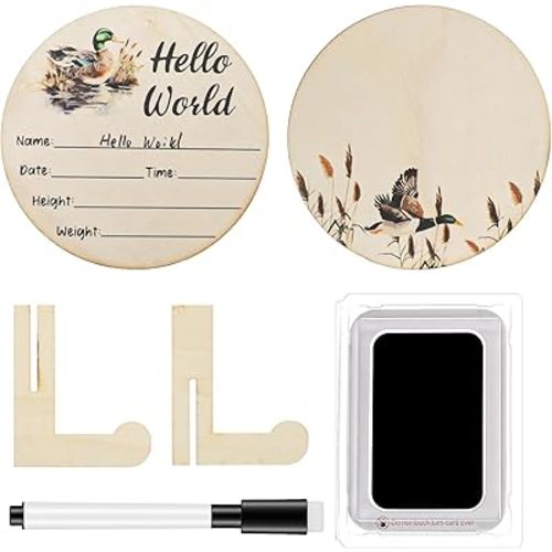 Mallard Duck Baby Stuff, Duck Baby Announcement Sign with Marker Pen,5.9in Round Wooden Hello World Newborn Signs,with Ink Pad for Hand and Footprints, Babies Photo Prop,Nursery Decor Keepsake Gifts