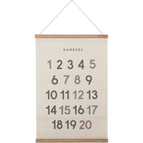 Bon et Beau 16 x 24 Inch Embroidered Number Poster Framed with Wood Hanger - Neutral Gray Wall Décor for Boys Nursery, Bedroom, Playroom, Toddler and Kids Room
