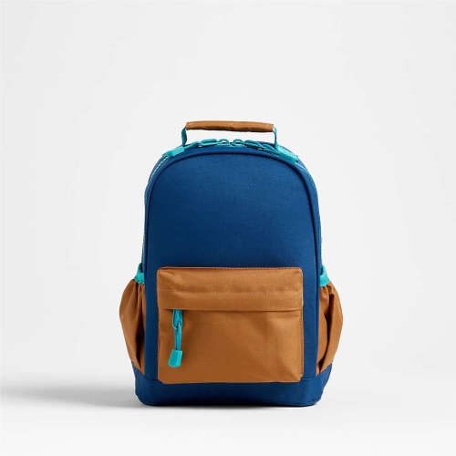 Personalized Dreamer Colorblock Navy and Ochre Small Kids Backpack with Side Pockets