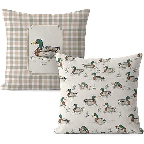 Farmhouse Mallard Duck Pillow Covers 18x18, Mallard Duck Nursery Decor, Ducks Hunting Gifts Decorative Throw Pillow Covers for Kids Room Home Living Room Bedroom Sofa Couch Set of 2