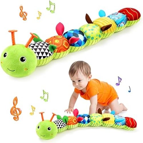 Baby Toys Musical Caterpillar, Infant Stuffed Animal for 0-6 6-12 Months with Crinkle and Rattles, Tummy Time Sensory Toys Newborn Boys Girls Gifts 0 3 6 9 12 Months - Green