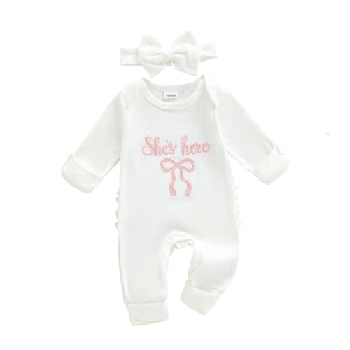 FIOMVA Im New Here Newborn Outfit Girl Long Sleeve Letter Romper Ribbed Knit Jumpsuit Baby Girl Preemie Coming Home Outfit