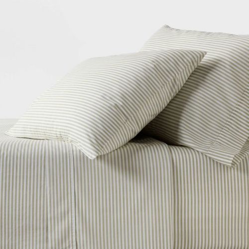 Full 250 Thread Count Organic Percale Sheet Set Sage Green Stripe - Threshold™: GOTS Certified, Teen & All Ages, 4-Piece Set