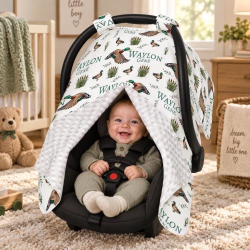 Personalized Baby Car Seat Canopy, Baby Boy Car Seat Cover with Name, Duck Hunting Baby Shower Gift, Minky Nursing Cover