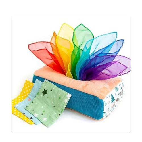 Baby Tissue Box Toy - Montessori Play for Infants and Toddlers - Sensory Textured Box with 12pcs Matching Colorful Scarves and 3pcs Crinkle Paper