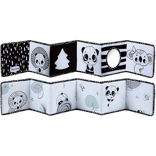 Tiny Love Double-Sided First Book, Black & White Decor Baby Activity Book with 7 Fun Activities , Dual Stage Development with Textures, Sounds, and Mirror, Enhances Cognition, Communication, and Motor Skills