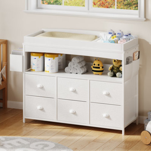 Changing Table Dresser With 6 Fabric Drawers And Open Shelf, White | Wayfair