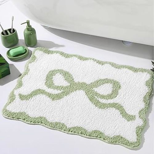 Tinideya Sage Green Bow Bathroom Rug 16 x 24 Scalloped Bow Bath Mat Non Slip Coquette Rug Cute Aesthetic Carpet Preppy Room Decor Microfiber Absorbent Bathroom Mat for Bathtub Shower Bedroom