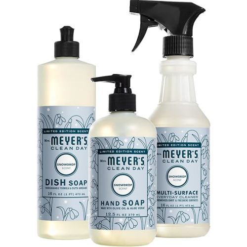Mrs. MEYER'S Kitchen Set, Dish Soap, Hand Soap, and Multi-Surface Cleaner, 3 CT (Snowdrop)