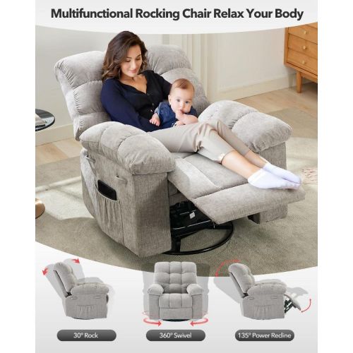 Rocking Recliner Chair, 360 Swivel Rocker Chair for Living Room, Upholstered Fabric Glider Nursery Chair with Side Pockets for Small Spaces Grey