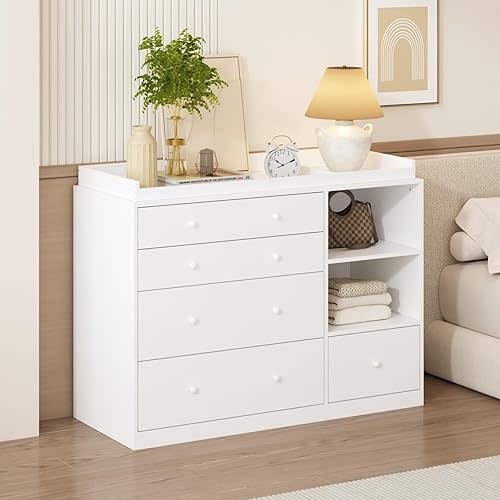 FUFU&GAGA White Dressers for Bedroom, 5 Drawer Dresser Modern Chest of Drawers with Shelves, Wood Chest Storage with Knobs, Detachable Top, Living Room Hallway, 47.2”W x 19.5”D x 36.1”H