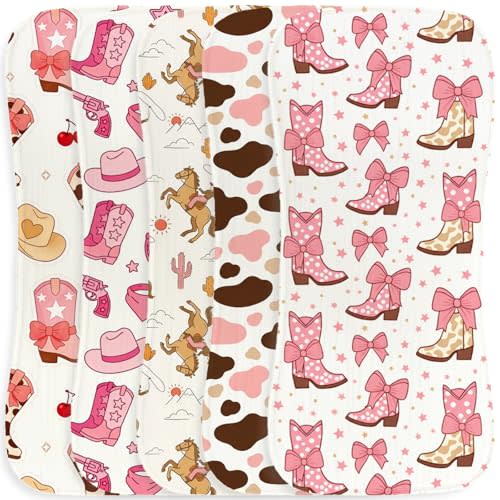 5 Pack Baby Burp Cloths, Soft Cotton Pink Cowgirl & Western Theme Burp Cloths, Super Absorbent Cute Cowboy Boot & Heart Print Washcloths, Newborn Baby Girl Essentials Gift Set