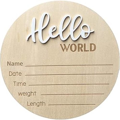 Baby Announcement Sign, 5.9 Inch Wooden Hello World Newborn Welcome Sign, Birth Announcement Sign for Hospital, Newborn Name Sign Plaques for Photo Props Baby Shower Nursery(White)