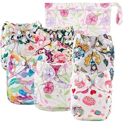 Babygoal Cloth Diaper Cover for Girls,Baby Adjustable Reusable Covers for Fitted Diapers and Prefolds, 6pcs Baby Clothes Covers+One Wet Bag 6DCF04