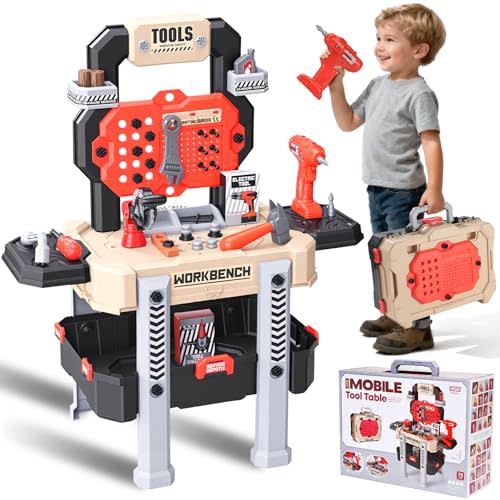 REXBETI Kids Workbench with Realistic Electric Drill and Tool Box, Pretend Play Kids Workbench Construction Kits, Kids Toy Tool Set, Birthday Gifts for Ages 3-8 Years Old