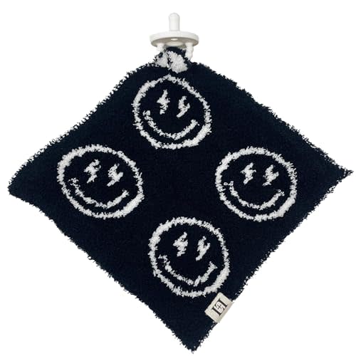 Smiley Face Baby Lovey Pacifier/Teether Holder 10"x10" - DreamSoft Plush Fluffy Cuddly Soothie Reversible Mini Comfort Blanket - Cute Newborn Gift Essential for Babies Boys and Girls (Black/White)