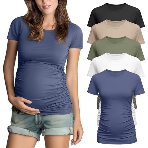 Riyiper 5 Pack Women's Maternity Shirts, Short Sleeve Cotton Pregnancy Tops Side Ruched Crew Neck Tshirts Casual Mama Clothes