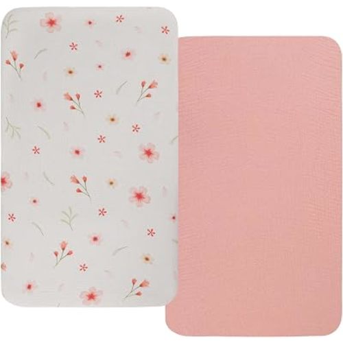 Onacosht Muslin Bassinet Sheets 33" x 19", 2 Pack, Pink Floral