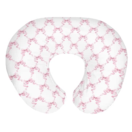 Pink Bows Ribbon Nursing Pillow Covers for Girl Pastel Baby Pink Ribbons Nursery Feeding Pillowcase for Breastfeeding Pillows Watercolor Bows Girly Soft Stretchy Removable Cover for Newborn Infant
