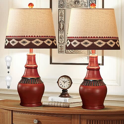Hamucd Set of 2 Western Rustic Table Lamps for Living Room 3-Color Temperature Dimmable Southwest Farmhouse Bedside Lamps for Bedroom,Cottage Native American Nightstand Lamps with 2 Bulbs Included