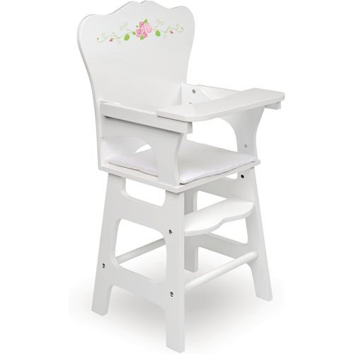 Badger Basket Doll High Chair - White and Rose Wood Design with Padded Seat and Lifting Tray - Fits 14 to 18 Inch Dolls for Pretend Mealtime Play - White/Rose