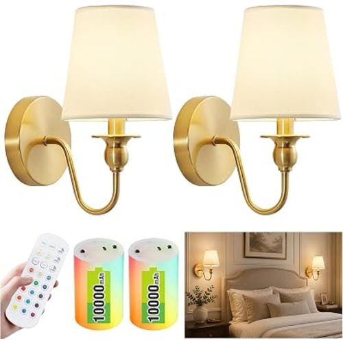 Battery Operated Wall Sconce Set of 2,Wireless Wall Sconces with 10000 mAh,RGB Rechargeable Sconces with Remote,Cordless Wall Lights for Bedroom,Living Room,Bathroom,Renter Friendly Home Decor (Gold)