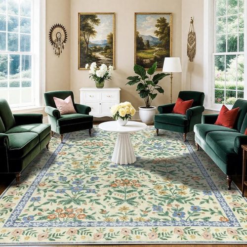 Shilucheng Boho Floral Rugs for Living Room, Large Washable Soft 9x12 Rugs for Bedroom Non Slip, Ultra-Thin Botanical Flower Throw Carpet for Nursery Office Dining Room, Cream/Green/Blue