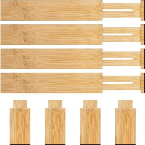 4 Pack Bamboo Drawer Dividers 2.6" High, Adjustable Length from 12 Inch to 17 Inch, Expandable Kitchen Drawer Organizer Separators for Clothes, Kitchen, Bedroom, Dresser, Office (Beige)