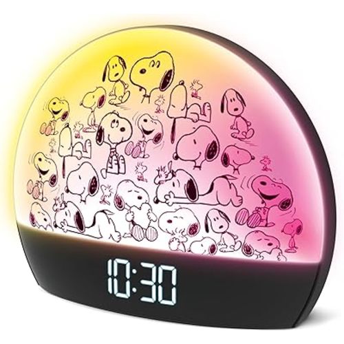 Peanuts Snoopy Sunrise Alarm Clock – Vibrant Snoopy Edition with Multicolor Lights, USB Charging, LED Display, Gentle Wake-Up Simulation, and Handy Snooze Function, Black