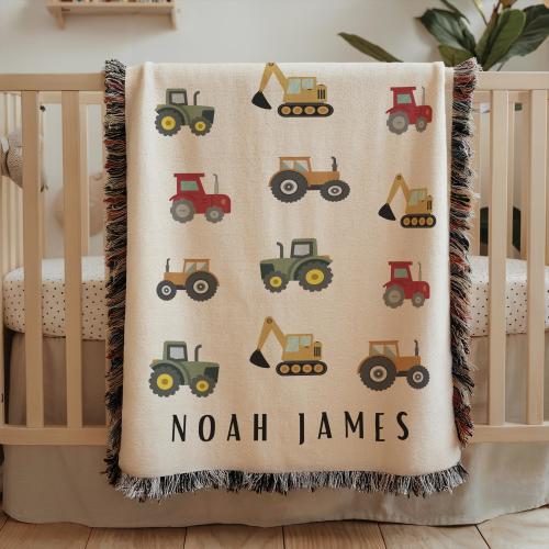 Personalized tractor baby blanket custom name baby boy nursery decor farm themed