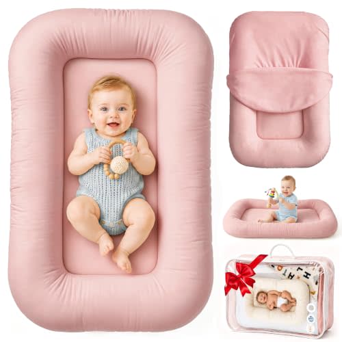 Infant Support Cushion & Baby Support Cushion for Newborn 0-24 Months, Breathable Cotton Pad, Supervised Use, Portable Infant Essentials for Travel and Home, Pink (Cover Included