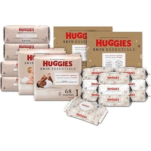 Huggies Skin Essentials Bundle: Huggies Skin Essentials Baby Diapers, Size 1 (8-14 lbs), 204 Count & Baby Diapers, Size 2 (12-18 lbs), 192 Count & Baby Wipes, 10 Packs, 560 Count (10 Packs of 56)