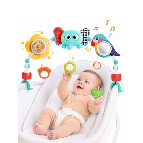 GONINO Baby Stroller Arch Toy, Adjustable Car Seat Toys with Sensory Toy | Soft Activity Toy with Squeaker, Crinkle & Mirror for Bassinet, Stroller & Car Seat, Newborn Baby Gifts for 0-12 Months