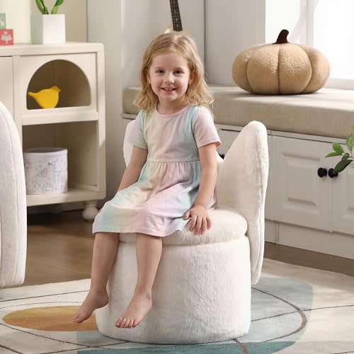 DAYAOUTDOOR Butterfly Kid Armchair, Toddler Comfy Chair, Kids Butterfly Storage Ottoman, Multi-Purpose Kids Room Furniture, Kid Chairs for Reading, Study or Play, White