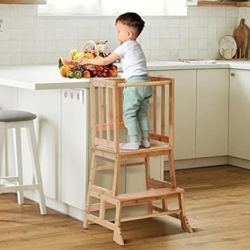 COSYLAND Toddler Kitchen Step Stool Helper - Wooden Standing Tower for Kids with Anti-Tip Support Legs (Natural)