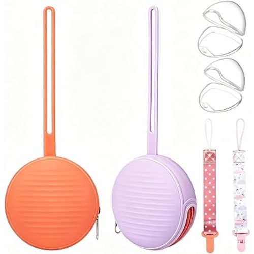 Silicone Pacifier Holder Case Set - 2 Portable Binky Pouches with 2 Transparent Storage Boxes & 2 Pacifier Clips, BPA Free