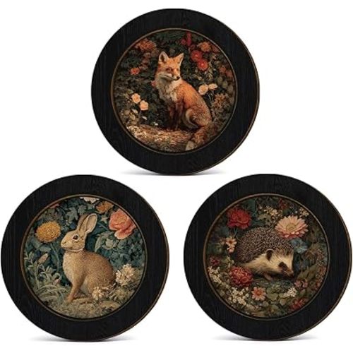 3 Pcs Framed Vintage Woodland Animal Round Wall Art Cottagecore Decor
