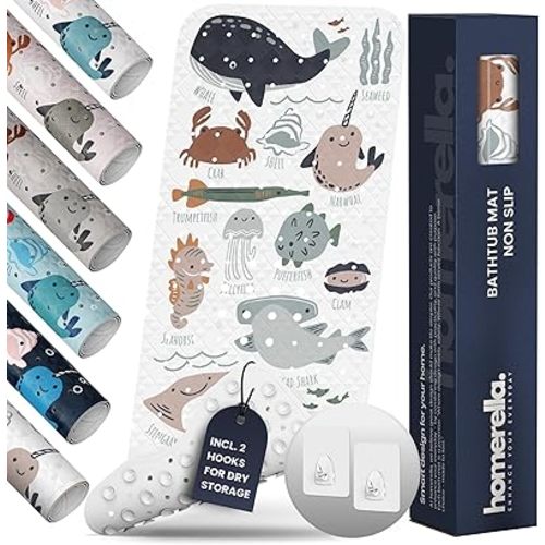 Bath Tub Mat Non Slip Anti Mold for Kids BPA Free INCL Hooks - homerella® Ocean Sea Animals 40x16, Baby Bath Mat Non Slip 200 Suction Cups, Non Toxic Machine Washable Toddler Bath Mat, EU Certified