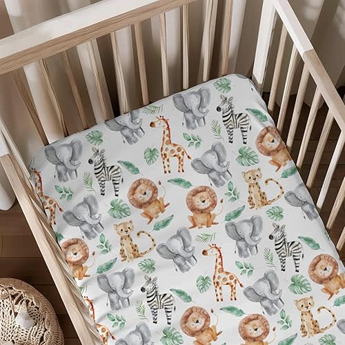 African Safari Animals Leaves Pattern Baby Sheets for Crib, Unisex Cute Animals Elephant Zebra Giraffe Theme Nursery Fitted Bed Sheet for Boys Girls Standard Crib and Toddler Mattress-28x52