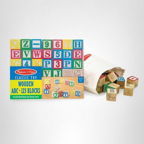 Melissa & Doug Deluxe Wooden ABC/123, 50-Piece Set of Classic Letter & Number Wooden Blocks (1” x 1”) with Storage Pouch, Sorting & Stacking Toys for Kids Ages 2+