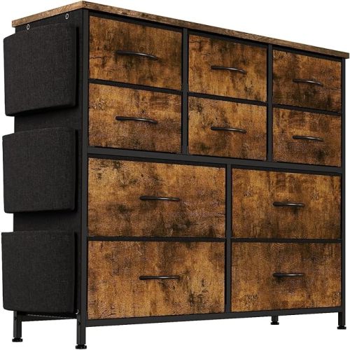 Brown Dresser for Bedroom with 10 Drawers, Chest of Drawers with Side Pockets and Hooks, PU Storage Dresser, Sturdy Metal Frame, Drawers Organizer Unit for Living Room, Hallway, Closet