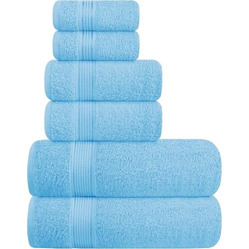 Ultra Soft 6 Pack Cotton Towel Set, Contains 2 Bath Towels 28x55 inch, 2 Hand Towels 16x24 inch & 2 Wash Coths 12x12 inch, Ideal for Everyday use, Compact & Lightweight - Sky Blue