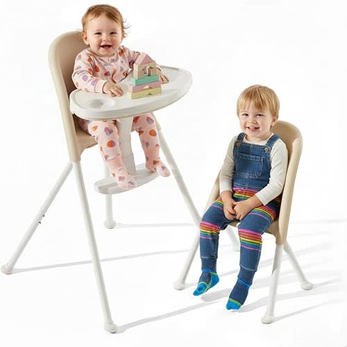 Funny Supply Foldable High Chair, Space-Saving Portable Baby High Chair with Removable Double Tray, Modern Convertible Baby Feeding Chair, Lightweight, Easy to Clean, Beige